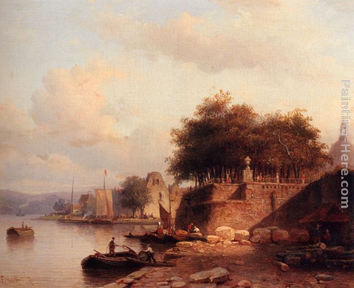 Everhardus Koster Numerous Townsfolk On A Quay Of A Town Along The Rhine